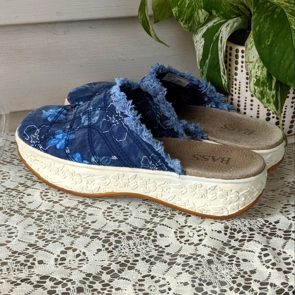 Y2K 90s Vintage Floral Distressed Chunky Platform Mules Clog Sandals Blue Size 8 - Picture 4 of 8